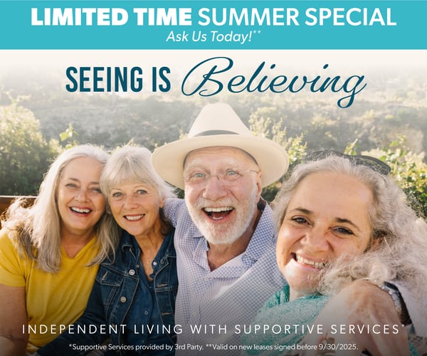 Limited Time Summer Special Promotional Image featuring four seniors embracing arm over shoulder.